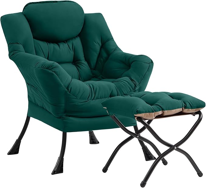 Cozy Lazy Chair and Ottoman, Large Contemporary Accent Lounge Chair Set, Leisure Upholstered Reading Armchair for Bedroom, Living Room, Dorm Rooms, Office - LeafyLoom