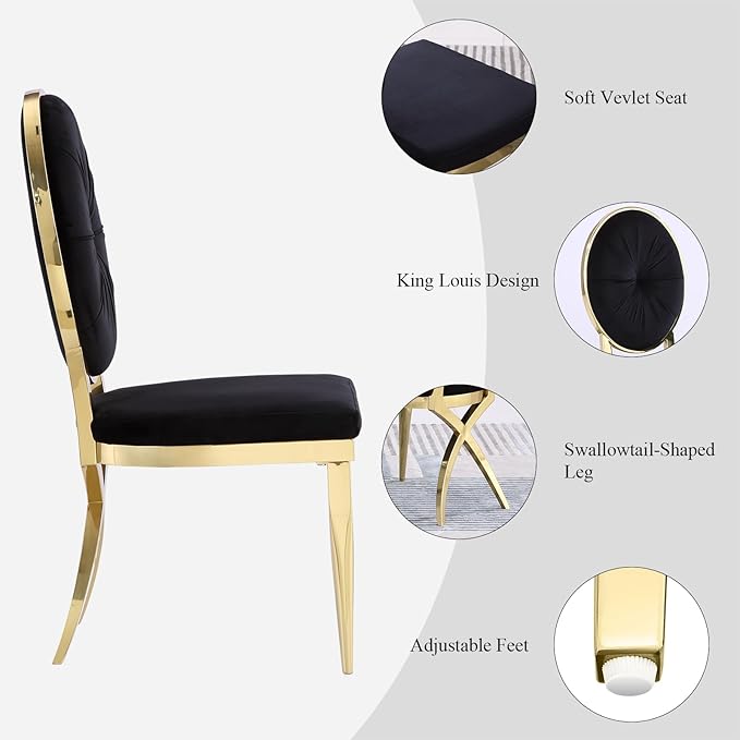 ACEDÉCOR Black and Gold Dining Chairs, Classic King Louis Dining Room Chair with Oval Back and Polished Gold X Shaped Legs, Black Velvet Upholstered Dining Chairs Set of 2 - LeafyLoom