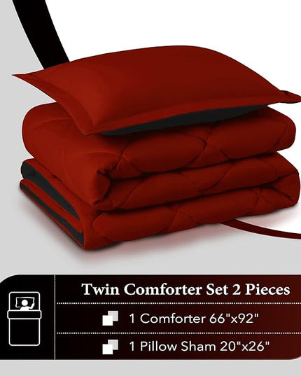 downluxe Twin Comforter Set - Red and Black Twin Comforter, Soft Bedding Sets for All Seasons - 2 Pieces - 1 Comforter (66"x92") and 1 Pillow Sham(20"x26") - LeafyLoom