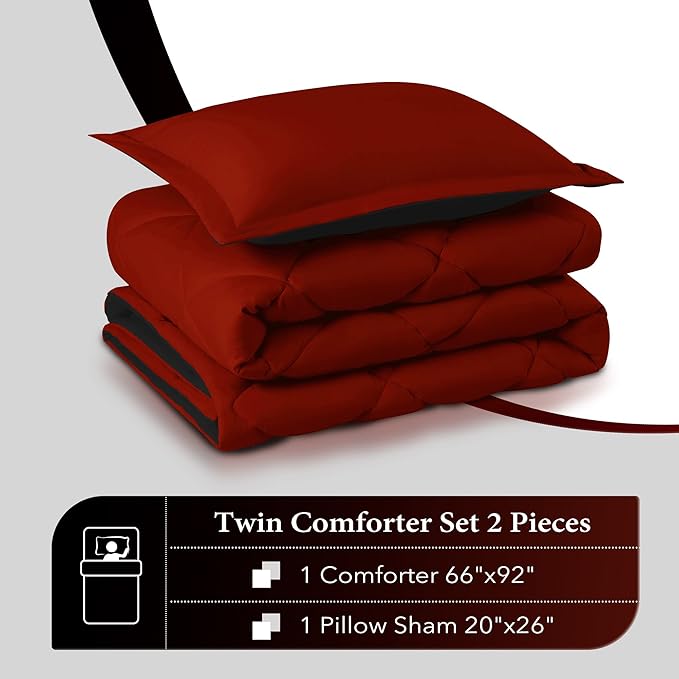 downluxe Twin Comforter Set - Red and Black Twin Comforter, Soft Bedding Sets for All Seasons - 2 Pieces - 1 Comforter (66"x92") and 1 Pillow Sham(20"x26") - LeafyLoom