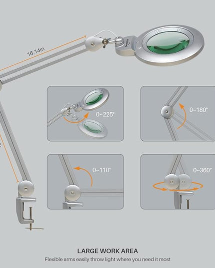 Bifocals Magnifying Desk Lamp with Clamp, 5 Diopter with 20 Diopter, 6 Inch Detachable Lens and 120PCS LEDs, 3 Color Modes 1200 Lumens Swivel Arm Magnifying Lamp with Light for Crafts - LeafyLoom