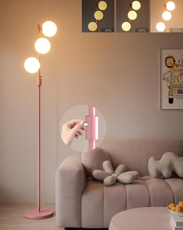 64IN Dimmable Pink Floor Lamp, Tall Standing Lamps with 3 Globe Soft Warm White Eye Care 3000K G9 Bulbs, Mid Century Modern Floor Lamp for Bedroom Office - LeafyLoom