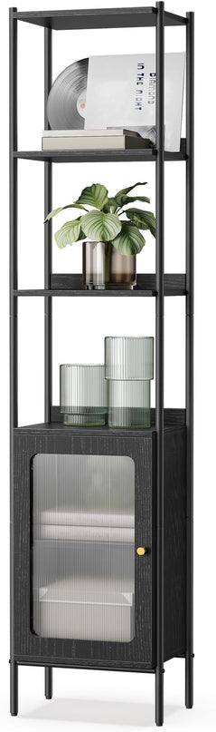 VASAGLE 6-Tier Bookcase, Slim Bookshelf with PC Door, Freestanding Storage Shelf with Metal Frame, Adjustable Shelf, for Living Room, Ebony Black and Matte Black ULLS123B56 - LeafyLoom