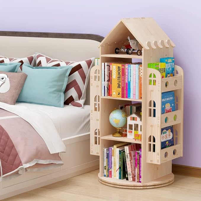 Rotating Bookshelf 360 Display 4 Tier Floor Standing Bookcase Storage Rack for Kids&Adults Bookshelf, Wood Book Shelf, Storage Book Bookrack - LeafyLoom