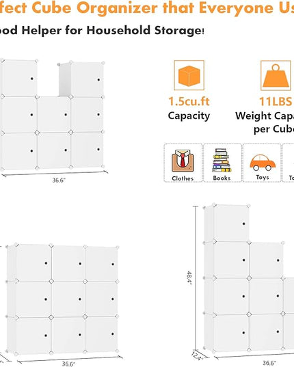 C&AHOME Cube Storage Organizer with Doors, 9-Cube Shelf, Closet Cabinet, DIY Plastic Modular Bookshelf, Storage Shelves Ideal for Bedroom,Living Room,36.6”L x 12.4”W x 36.6”H Milky USHS3009M-DOOR - LeafyLoom