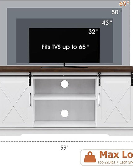 IDEALHOUSE Farmhouse TV Stand for 65 Inch TV Entertainment Center TV Media Console Table, Barn Door TV Stand with Storage and Shelves, Tall Modern TV Console Table Furniture for Living Room (White) - LeafyLoom