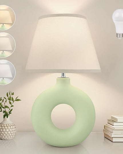 Green Ceramic Table Lamp for Living Room Bedroom, 21" Modern Bedside Lamps for Kids Room 3 Color Temperature Small Table Lamps for Night Stands, Dorm, Dining Room, Home Décor (Bulb Included) - LeafyLoom