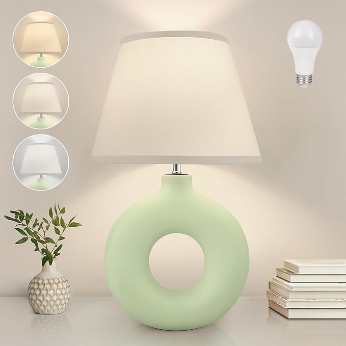 Green Ceramic Table Lamp for Living Room Bedroom, 21" Modern Bedside Lamps for Kids Room 3 Color Temperature Small Table Lamps for Night Stands, Dorm, Dining Room, Home Décor (Bulb Included) - LeafyLoom