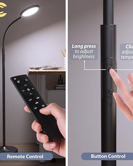 Floor Lamp,Super Bright Dimmable LED Lamps for Living Room, Custom Color Temperature Standing Lamp with Remote Push Button, Adjustable Gooseneck Reading Floor Lamp for Bedroom Office Black - LeafyLoom