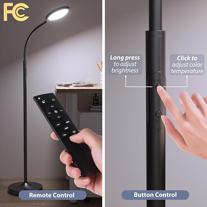 Floor Lamp,Super Bright Dimmable LED Lamps for Living Room, Custom Color Temperature Standing Lamp with Remote Push Button, Adjustable Gooseneck Reading Floor Lamp for Bedroom Office Black - LeafyLoom