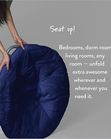 Super Soft Faux Fur Saucer Chair with Folding Metal Frame, Navy, 29"X32"X22" - LeafyLoom
