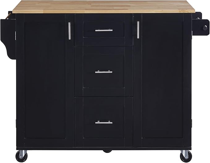 50Inch Rolling Kitchen Island Cart with Internal Cabinet, 3 Drawers and Storage Shelf, Kitchen-Island Table on Wheels w/Rubber Wood Top, Spice Rack, for Dining Room House Bar - LeafyLoom