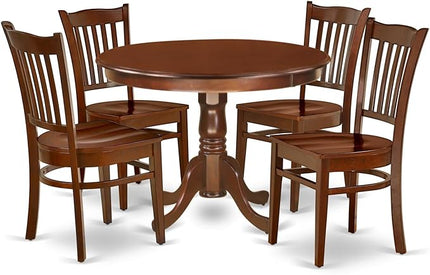 East West Furniture HLGR5-MAH-W 5 Piece Dining Room Furniture Set Includes a Round Dining Table with Pedestal and 4 Wood Seat Chairs, 42x42 Inch, Mahogany - LeafyLoom
