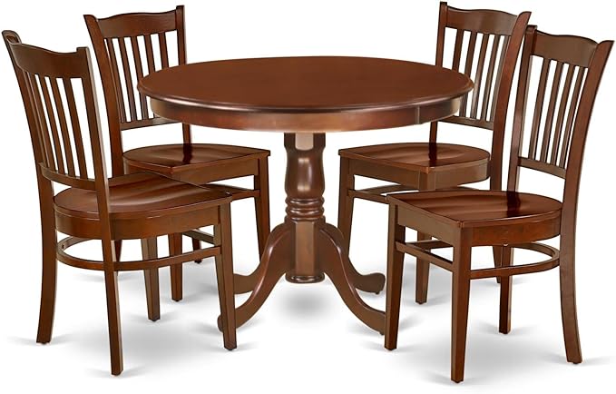East West Furniture HLGR5-MAH-W 5 Piece Dining Room Furniture Set Includes a Round Dining Table with Pedestal and 4 Wood Seat Chairs, 42x42 Inch, Mahogany - LeafyLoom