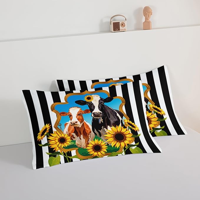 HOSIMA Animal Theme Bedding Set Bull and Cow Comforter with 2 Pillowcases,Black and White Stripes King Size Comforter Set for Adults Teens Kids,Sunflower Print Western Bedding Sets. - LeafyLoom