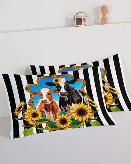 HOSIMA Animal Theme Bedding Set Bull and Cow Comforter with 2 Pillowcases,Black and White Stripes Full Size Comforter Set for Adults Teens Kids,Sunflower Print Western Bedding Sets. - LeafyLoom