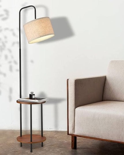 ELYONA Modern Floor Lamp with End Table, 3-Color Temperatures Solid Wood Side Table Lamp with Adjustable Drum Shade, Rustic Reading Standing Light for Bedroom, Living Room, LED Bulb Included, Brown - LeafyLoom