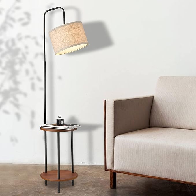 ELYONA Modern Floor Lamp with End Table, 3-Color Temperatures Solid Wood Side Table Lamp with Adjustable Drum Shade, Rustic Reading Standing Light for Bedroom, Living Room, LED Bulb Included, Brown - LeafyLoom