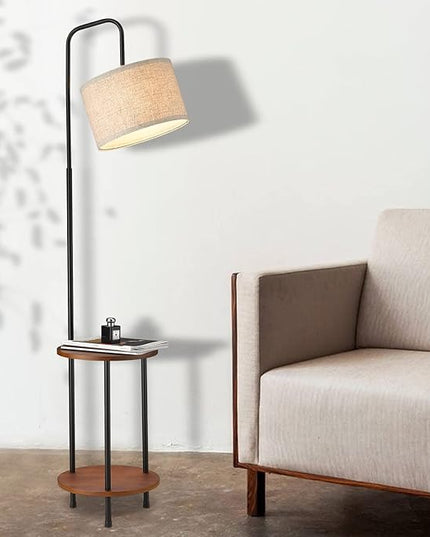 ELYONA Modern Floor Lamp with End Table, Rubber Wood Bedside Table Lamp with Adjustable Drum Shade, Rustic Tall Pole Shelf Reading Standing Light for Farmhouse Bedroom, Living Room, Office - Walnut - LeafyLoom
