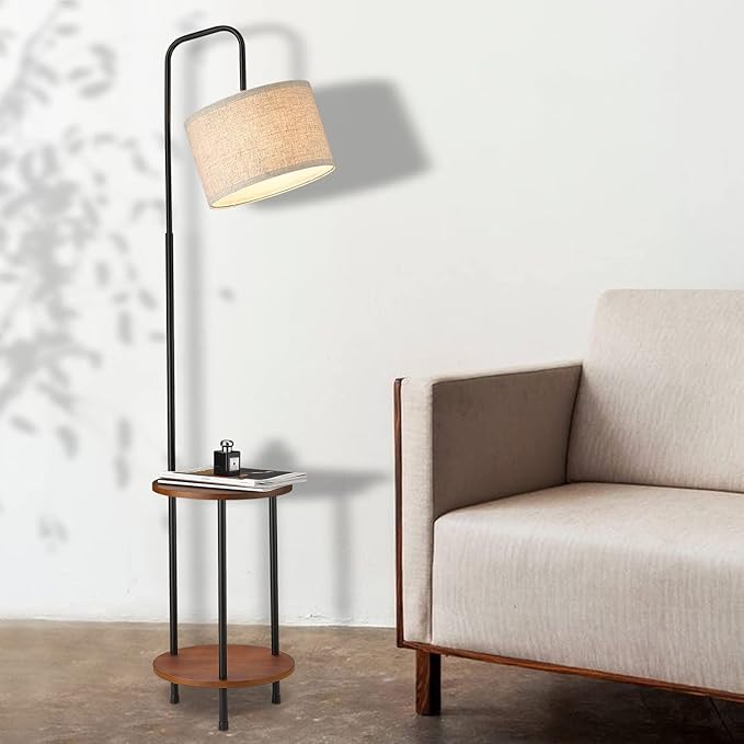 ELYONA Modern Floor Lamp with End Table, Rubber Wood Bedside Table Lamp with Adjustable Drum Shade, Rustic Tall Pole Shelf Reading Standing Light for Farmhouse Bedroom, Living Room, Office - Walnut - LeafyLoom