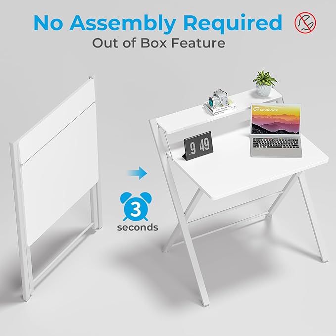 GreenForest Folding Desk No Assembly Required Small Size, 2-Tier Foldable Computer Desk with Shelf for Home Office, Space Saving Portable Laptop Study Foldable Table for Small Spaces, White - LeafyLoom