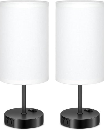 GGOYING Bedside Table Lamp,3-Color Temperature Table Lamp with 2700K/3500K/5000K LED Bulb and AC Outlet, Small Lamp with Round White Fabric Shade for Bedroom - LeafyLoom