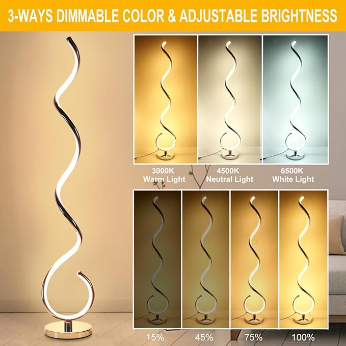 Modern Floor Lamps for Living Room, 40W Dimmable LED Spiral Floor Lamp with Remote, Adjustable Colors & Brightness Standing Lamp Reading Lamp Corner Floor Lamp for Bedroom, Office - Silver - LeafyLoom