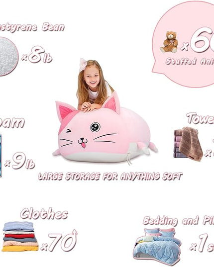 Cute Cat Bean Bag Chair for Kids, Pink Stuffed Animal Storage Beanbag Chairs for Girls Room Decor, Extra Large Size, Velvet Super Soft Cover Only - LeafyLoom