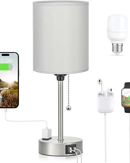 Dicoool Grey Bedroom Lamp for Nightstand - 3 Color Temperature Table Lamp with USB C and A Ports, Pull Chain Bedside Lamp with AC Outlet, Desk Lamp with Silver Metal Base for Kids Girls - LeafyLoom