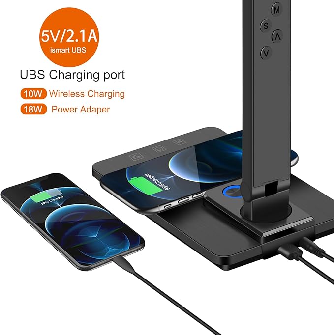AFROG 5th Gen Multifunctional LED Desk Lamp with USB Charging Port,1800Lux Super Bright,5 Lighting Mode,7 Brightness, Touch Control, Auto Timer, 12W Office Table Lamp - LeafyLoom