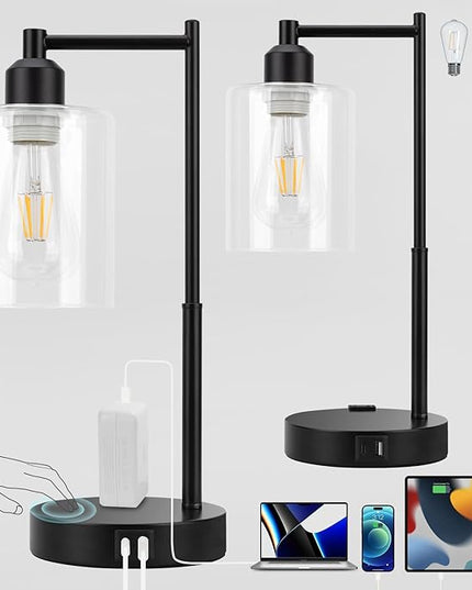 Yarra-Decor Industrial Bedside Table Lamp Set of 2 3-Way Dimmable Lamps for Bedroom Modern USB Nightstand Lamp with Glass Shade Reading Table Lamps for Office, Dorm (LED Bulb Included) - LeafyLoom