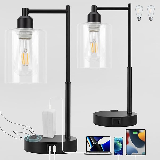 Yarra-Decor Industrial Bedside Table Lamp Set of 2 3-Way Dimmable Lamps for Bedroom Modern USB Nightstand Lamp with Glass Shade Reading Table Lamps for Office, Dorm (LED Bulb Included) - LeafyLoom