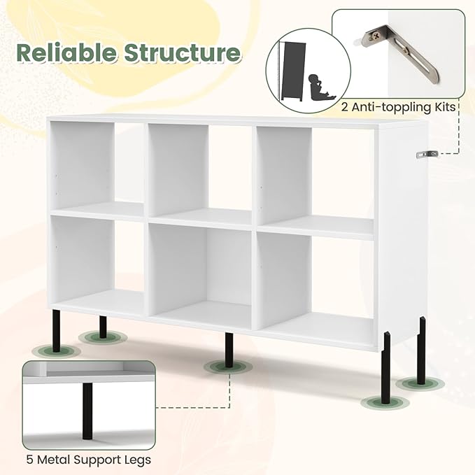 LOKO 6 Cube Bookcase, 3-Tier Floor Open Bookshelf with 5 Metal Legs, Cube Storage Organizer with Adjustable Shelves, Modern Display Shelving for Living Room, Study, Bedroom, Office (white) - LeafyLoom
