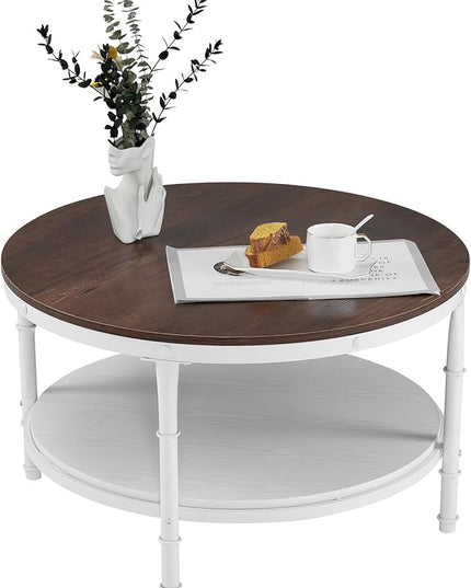 VINGLI 31.5" Rustic Oak White Wood Round Farmhouse Coffee Table, 2-Tier Storage Wood Center Circle Accent Table for Living Room, Bedroom, Apartment, Studio and Small Spaces, Sturdy Metal Frame - LeafyLoom