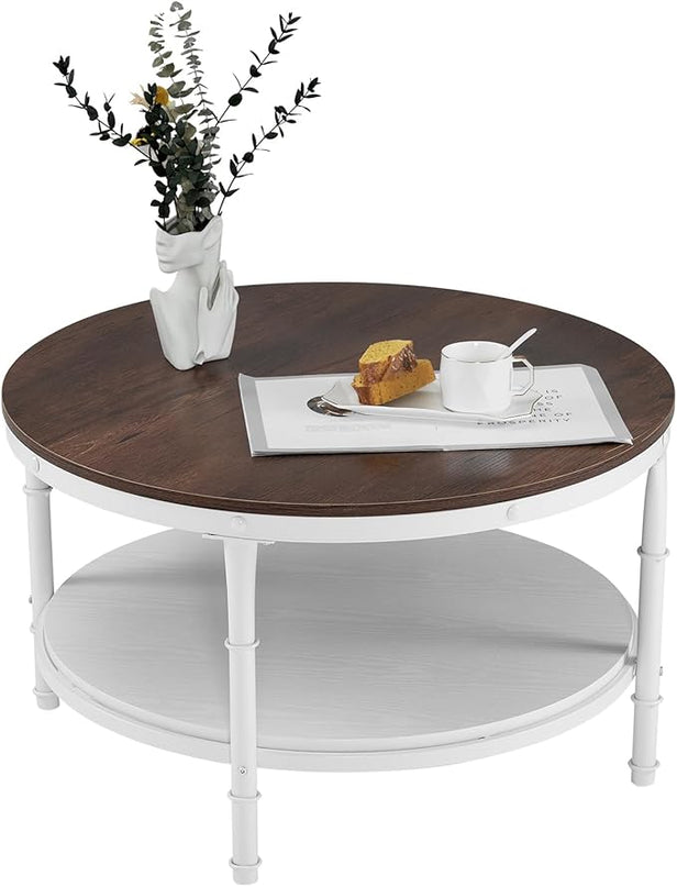 VINGLI 31.5" Rustic Oak White Wood Round Farmhouse Coffee Table, 2-Tier Storage Wood Center Circle Accent Table for Living Room, Bedroom, Apartment, Studio and Small Spaces, Sturdy Metal Frame - LeafyLoom