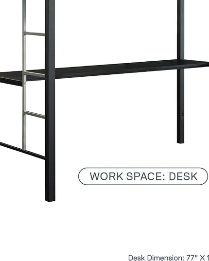 DHP Screen Loft Metal Bunk Bed with Desk and Ladder, Space-Saving Design, Silver Twin - LeafyLoom