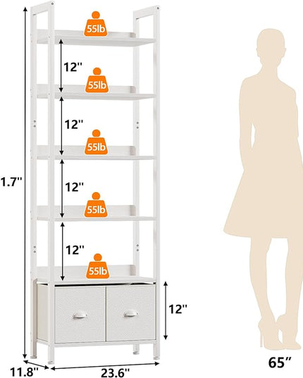 Furologee White 6 Tier Bookshelf with Drawers, Tall 71" Bookcase with Shelves, Modern Wood and Metal Book Shelf Storage Organizer, Display Free Standing Shelf Unit for Bedroom, Living Room, Office - LeafyLoom