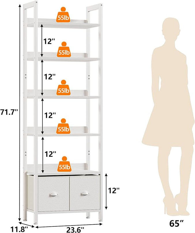 Furologee White 6 Tier Bookshelf with Drawers, Tall 71" Bookcase with Shelves, Modern Wood and Metal Book Shelf Storage Organizer, Display Free Standing Shelf Unit for Bedroom, Living Room, Office - LeafyLoom