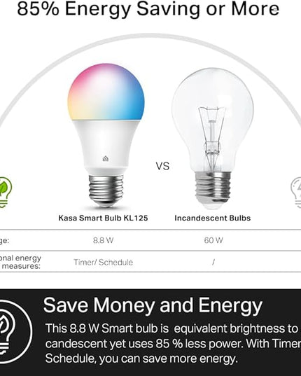 New Kasa Smart Bulb, Full Color Changing Dimmable Smart WiFi Light Bulb Compatible with Alexa and Google Home, A19, 9W 800 Lumens,2.4Ghz only, No Hub Required, 1-Pack (KL125), Multicolor KasaSmartbyTP-Link