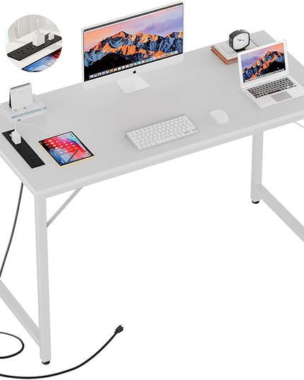 47 Inch Computer Desks with Power Outlets and USB Charging Ports, Modern Office Desk for Small Spaces, Sturdy Laptop PC Gaming Writing Table for Students, Pure White - LeafyLoom