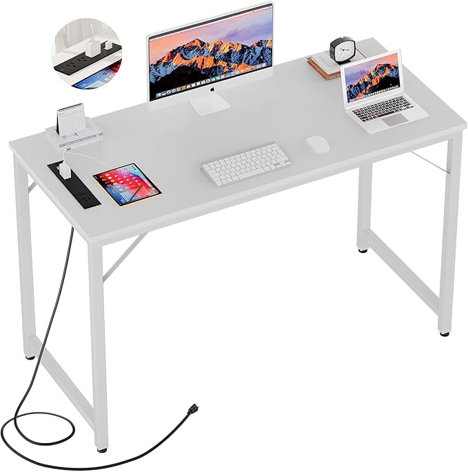 47 Inch Computer Desks with Power Outlets and USB Charging Ports, Modern Office Desk for Small Spaces, Sturdy Laptop PC Gaming Writing Table for Students, Pure White - LeafyLoom