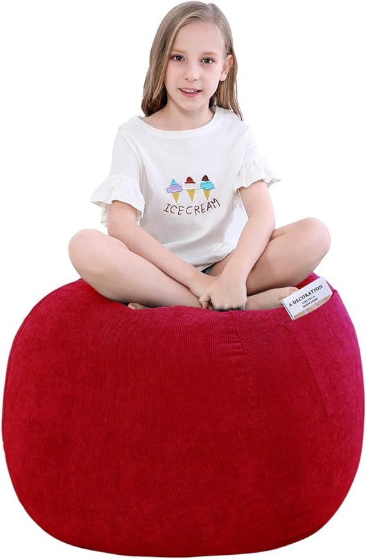 Stuffed Animal Storage Bean Bag Chair Cover (No Filler) for Kids and Adults.Soft Premium Corduroy Stuffable Beanbag for Organizing Children Plush Toys or Memory Foam Small 100L (Red) - LeafyLoom
