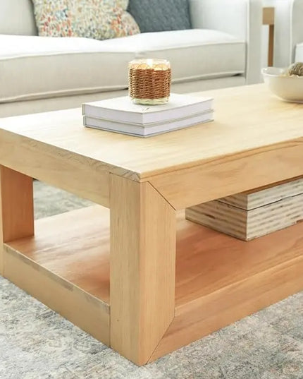 Plank+Beam Modern Rectangular Coffee Table with Shelf, Solid Wood, 48 Inch, Center Table with Storage, 2 Tier Tea Table for Living Room, Blonde Wirebrush - LeafyLoom