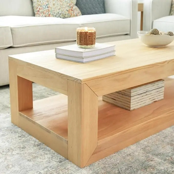 Plank+Beam Modern Rectangular Coffee Table with Shelf, Solid Wood, 48 Inch, Center Table with Storage, 2 Tier Tea Table for Living Room, Blonde Wirebrush - LeafyLoom