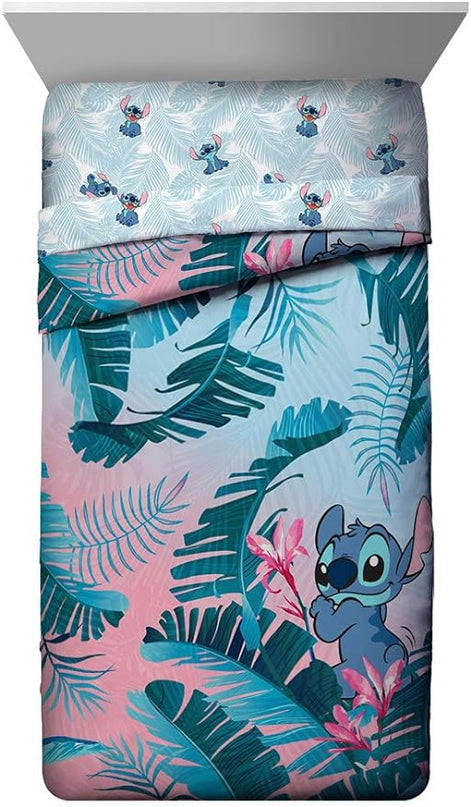 Jay Franco Disney Lilo & Stitch Floral Fun Twin Comforter & Sham Set - Super Soft Kids Reversible Bedding - Fade Resistant Microfiber (Official Disney Product) - LeafyLoom