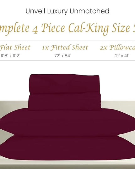 Bluemoon Homes Cal King Sheets Deep Pocket Fitted Egyptian Cotton, California King Sheet Sets, 1000 TC 4 Piece Bed Sheets, Luxury & Breathable Sheets - Burgundy Bed Sheet Set - LeafyLoom