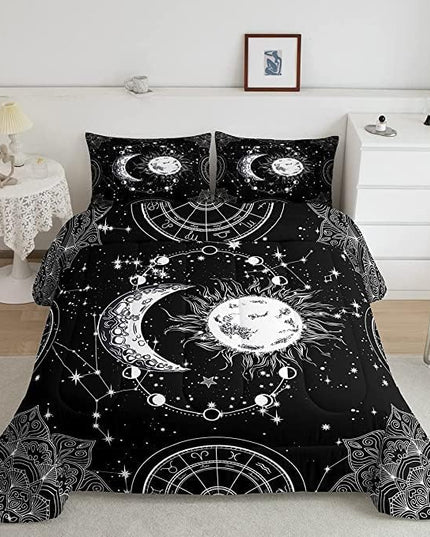 Sun and Moon Bedding Set Constellation Galaxy Comforter Set for Kids Boys Girls Teens Psychedelic Boho Mandala Comforter Breathable Celestial Duvet Set Black White Room Decor Quilt Cover King Size - LeafyLoom