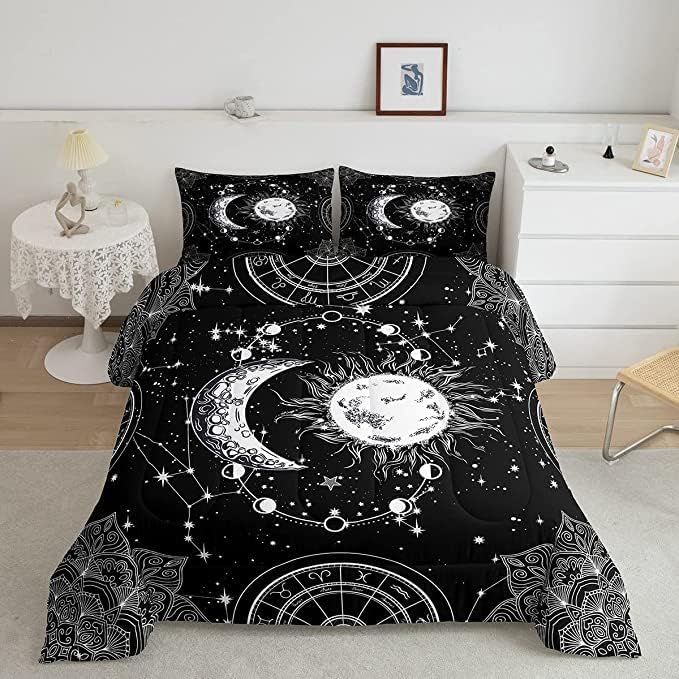 Sun and Moon Bedding Set Constellation Galaxy Comforter Set for Kids Boys Girls Teens Psychedelic Boho Mandala Comforter Breathable Celestial Duvet Set Black White Room Decor Quilt Cover King Size - LeafyLoom