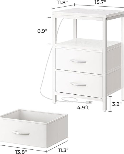 Nightstands Set of 2, End Tables with Charging Station, Side Tables with Fabric Drawers, Bedside Tables with USB Ports and Outlets, Night Stands for Bedroom, White - LeafyLoom