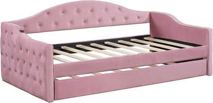 Twin Size Velvet Tufted Upholstered Daybed with Trundle, Modern Solid Wood Sofa Bed w/USB & Type-C Charging Ports, for Bedroom Living Room, No Box-spring Needed, Pink - LeafyLoom